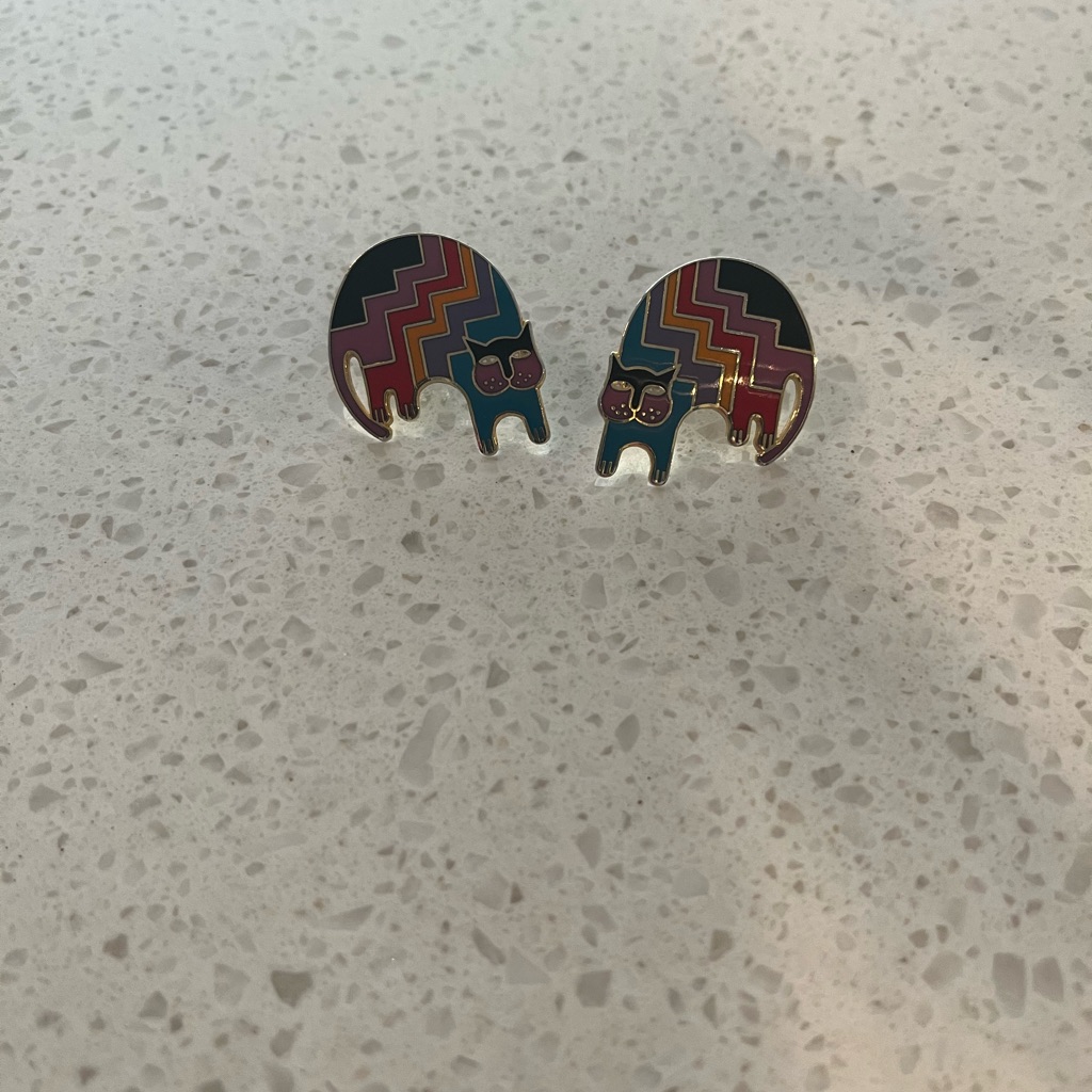 Vintage Laurel Burch Gold Plated Multi-Colored “Aztec Cat” Earrings